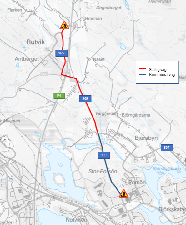 Luleå kommuns arbetsplatsområde längs Haparandavägen ses här markerat i blått
