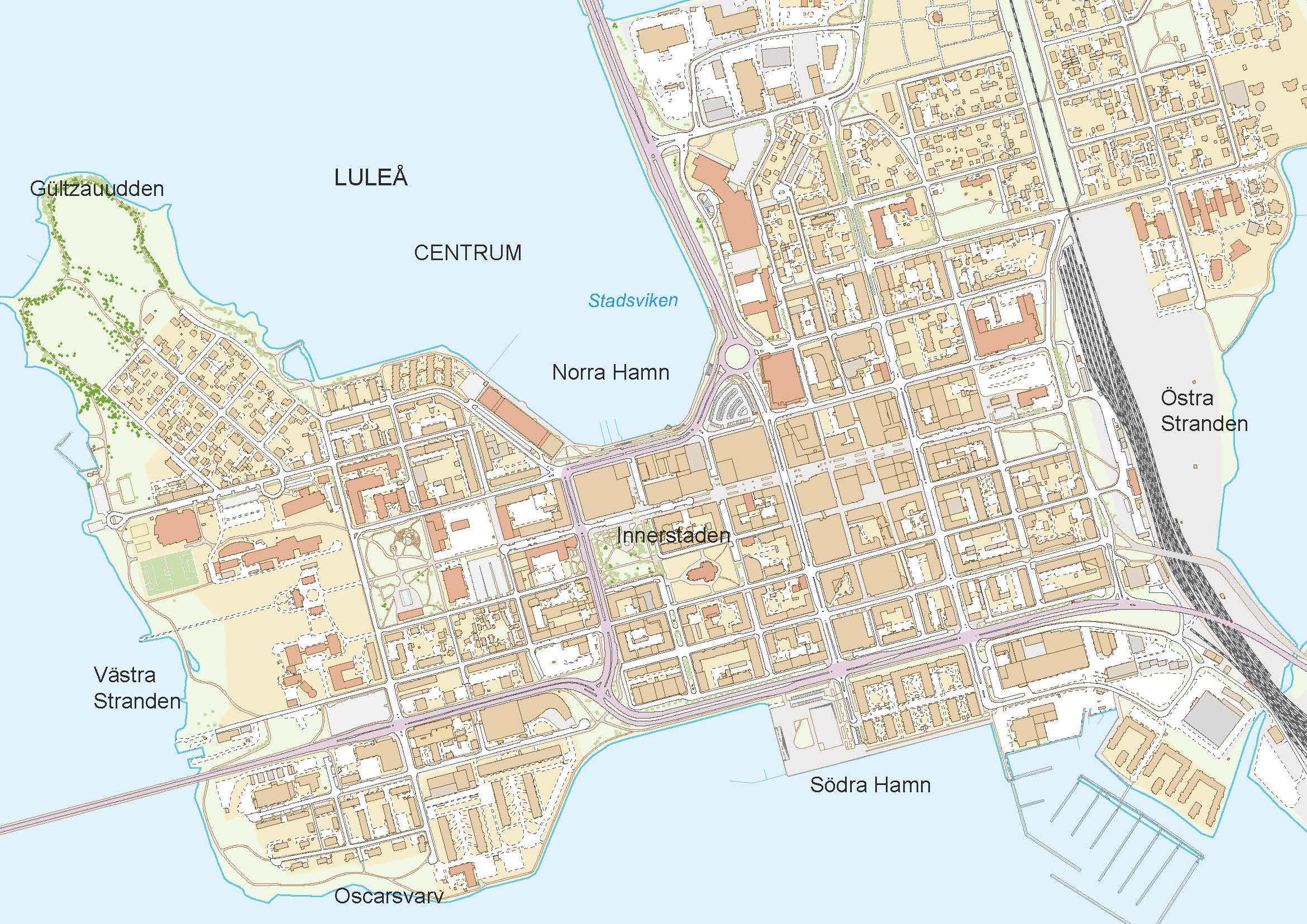 Karta som visar Luleå centrum med gatunät och byggnader