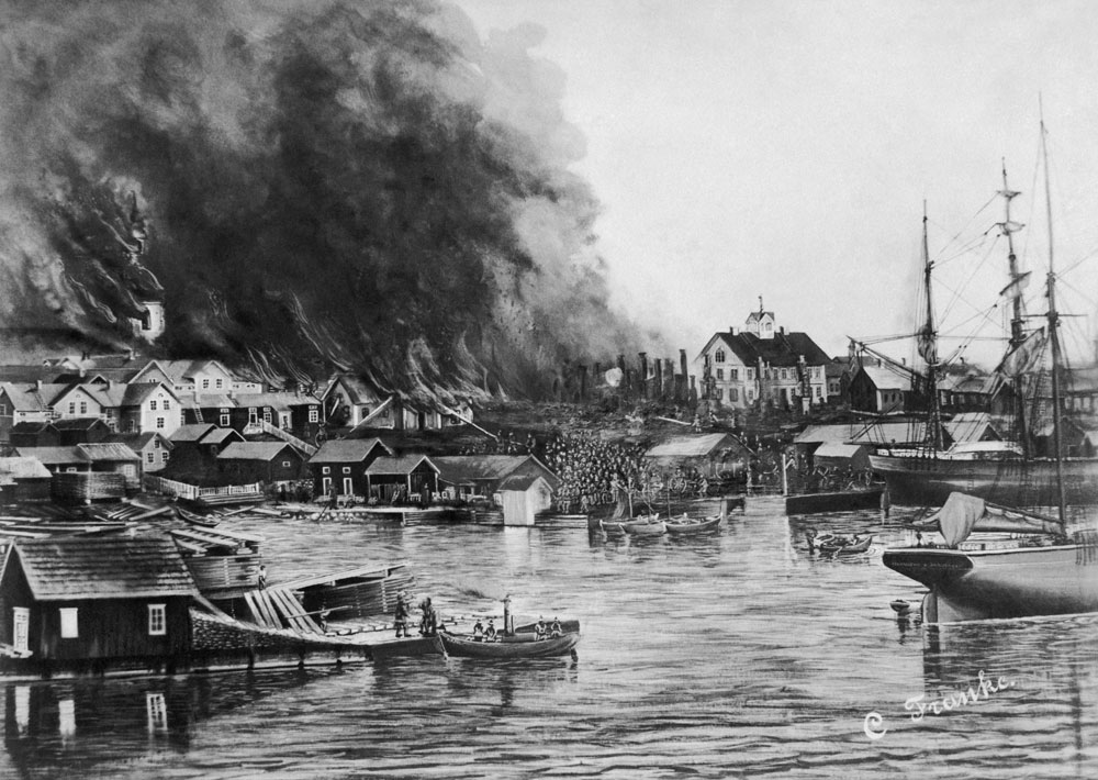 Målning av Luleå stad sedd från norra hamnen. Staden står i lågor och himlen täcks av svart brandrök.