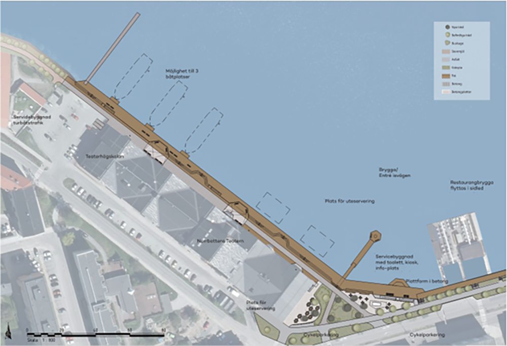 illustration över tänkt utformning av norra hamn med fler angöringsplatser för turbåtar och uteserveringar