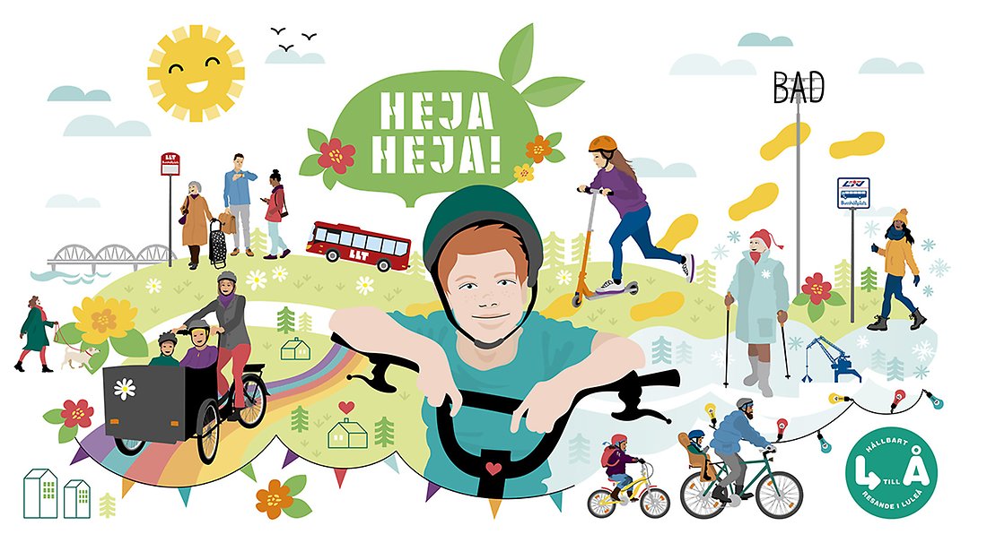 Tecknad bild med flera personer som cyklar och går i olika situationer. I mitten av bilden, en glad kille som hänger över cykelstyret.
