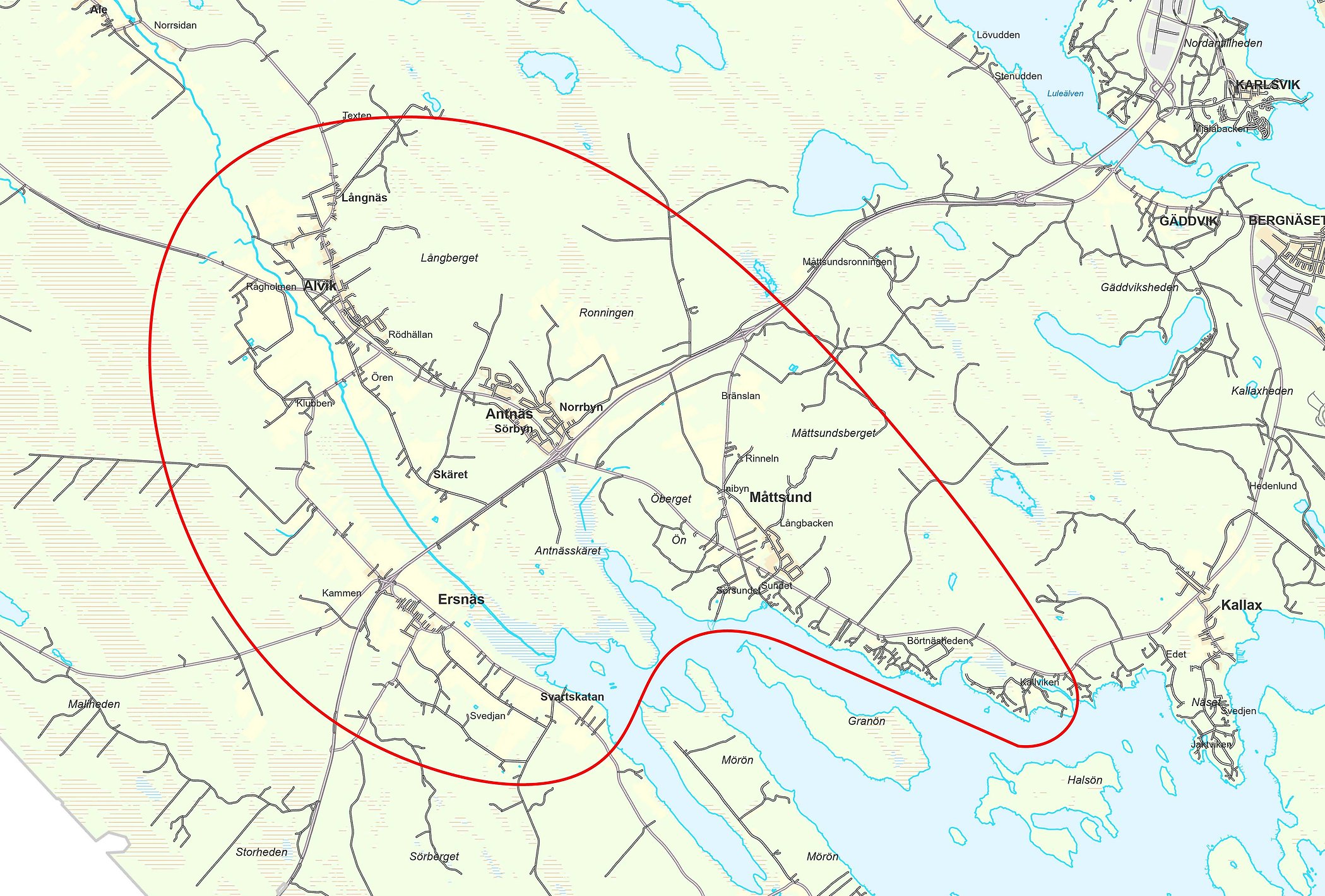 Preliminär karta över området som kan komma att ingå i den fördjupade översiktsplanen för Antnäs, Alvik, Ersnäs och Måttsund. Fastställd karta kommer efter beslut.