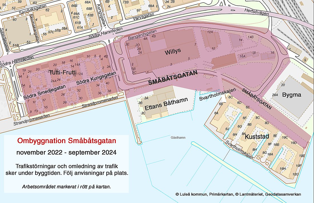 Arbetet längs Småbåtsgatan startade november 2022. Här har vi bland annat  lagt ner vatten-, avlopp- och spillvattenledningar. Jobbet har gjorts i samverkan mellan Luleå kommun, Nåiden, Diös och Ettans Båthamn.