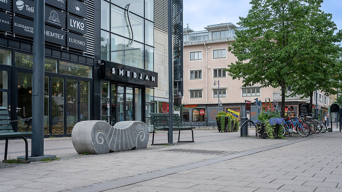 Stenskulpturen Larven i en vybild med omgivande gågata och galleria.