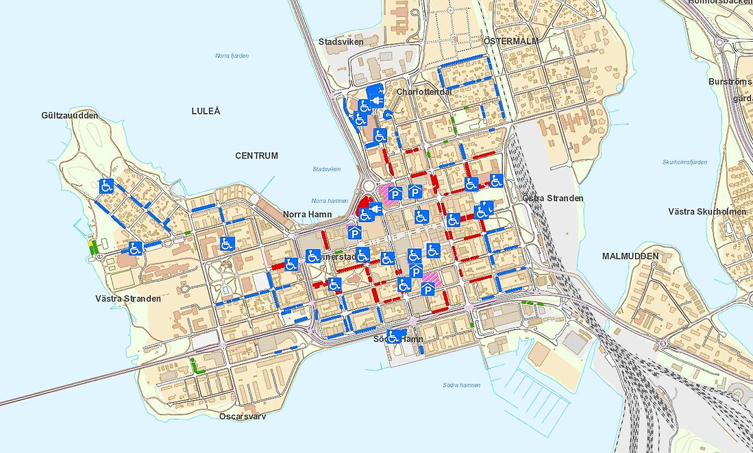 Kartbild över luleå centrum med markering av parkeringsplatser för rörelsehindrade samt parkeringshus. Klickbar för att få upp kartbild.