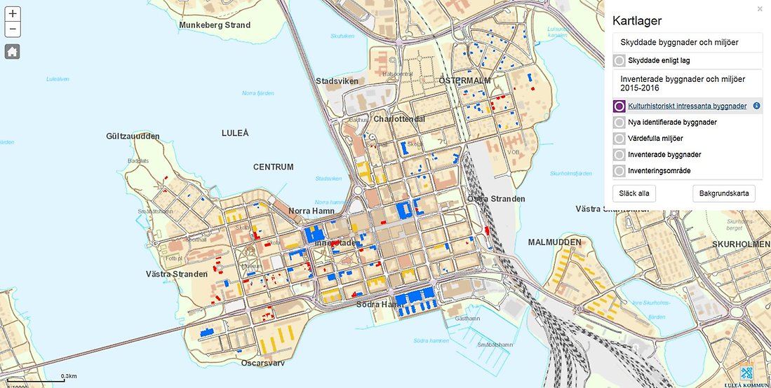 Klickbar kartbild som leder till kartlagret med inmarkerade kulturhistoriska byggnader