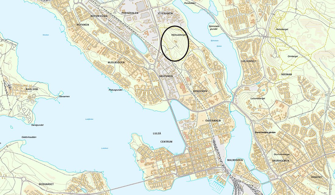 Karta som visar Luleå centrum med Mjölkuddsberget markerat vid stadsdelen Kallkällan